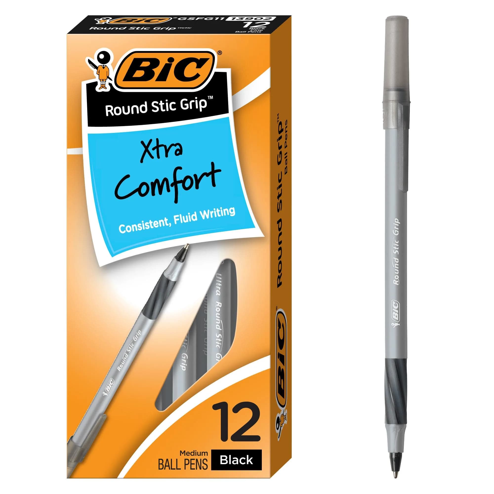 BIC Round Stic Grip Xtra Comfort Black Ballpoint Pens, Medium Point (1.2mm), 12-Count Pack | Smooth Ink Flow - main product image