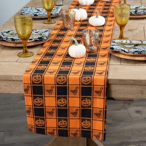 DII Halloween Party Tabletop Decor, Reusable & Machine Washable Cotton Fabric, Table Runner, 14x72, Orange & Black Buffalo Check | Spooky Halloween Decor thumbnail 4