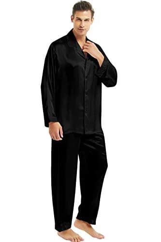 Lonxu Mens Silk Satin Pajamas Set, Black, M | Silky Sleepwear for Men thumbnail 1