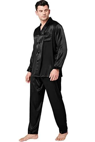 Lonxu Mens Silk Satin Pajamas Set, Black, M | Silky Sleepwear for Men thumbnail 2
