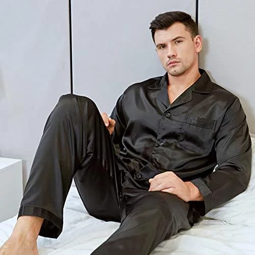 Lonxu Mens Silk Satin Pajamas Set, Black, M | Silky Sleepwear for Men thumbnail 3