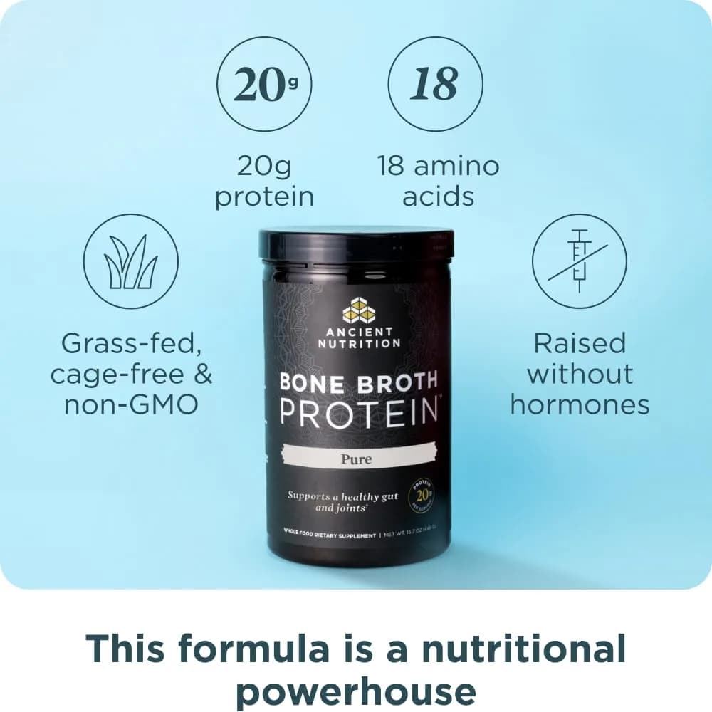 Ancient Nutrition Grass Fed Bone Broth Protein Powder 15.7oz (445g) | 20g Protein Per Serving, Supports Joints & Gut - view 2