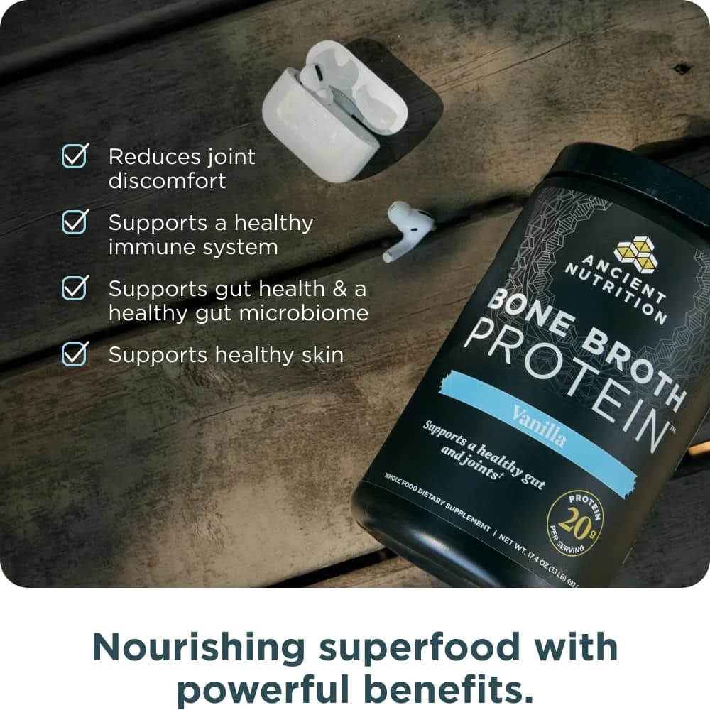 Ancient Nutrition Bone Broth Protein Powder Vanilla 20 Servings (590g / 1.3lb) | 20g Protein Per Serving - view 6