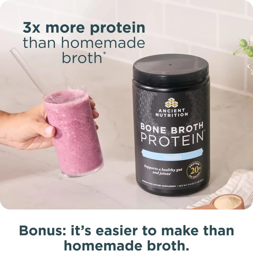 Ancient Nutrition Bone Broth Protein Powder Vanilla 20 Servings (590g / 1.3lb) | 20g Protein Per Serving - view 7
