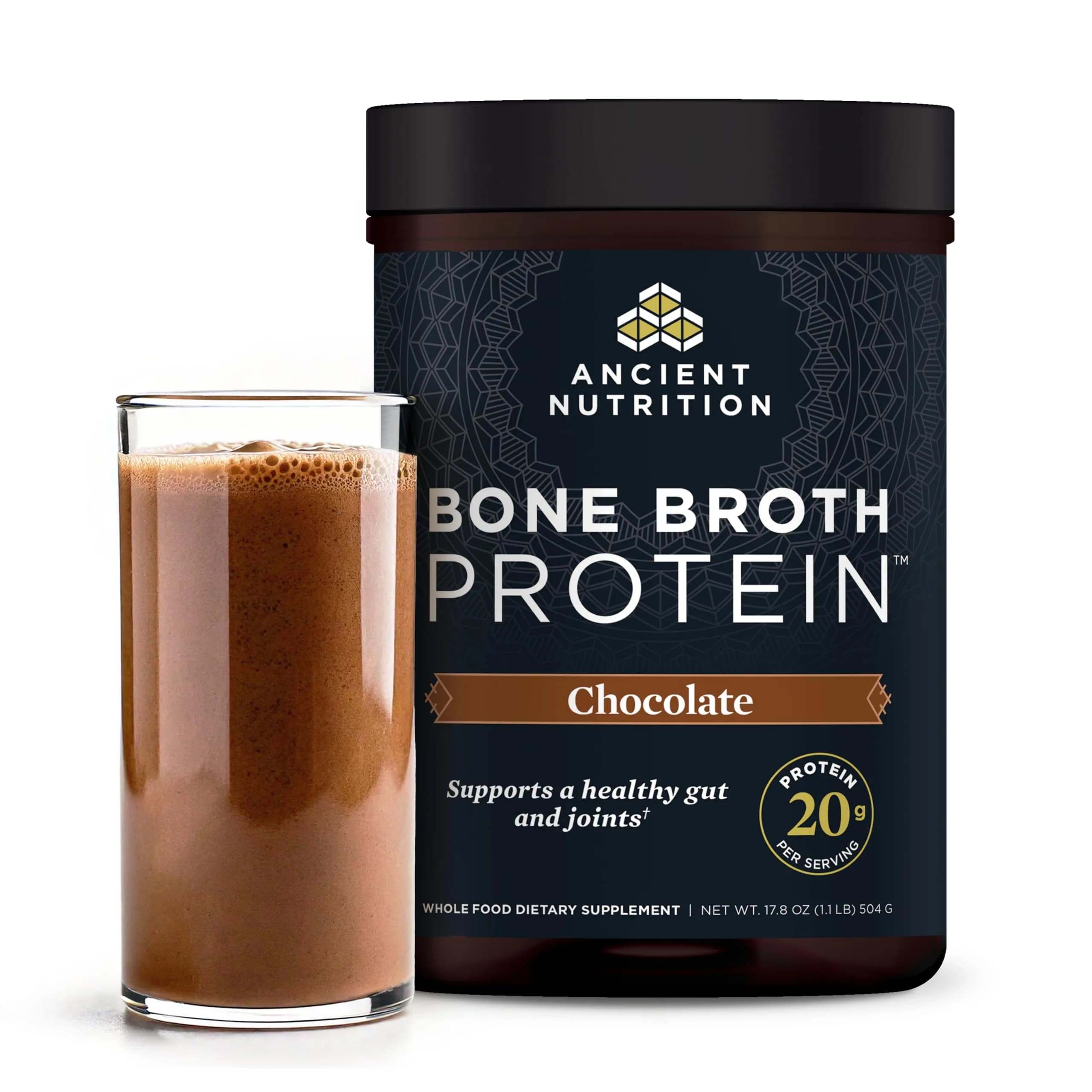 Ancient Nutrition Chocolate Bone Broth Protein Powder 17.8oz (808g) | 20g Protein Per Serving, Gluten-Free - main product image