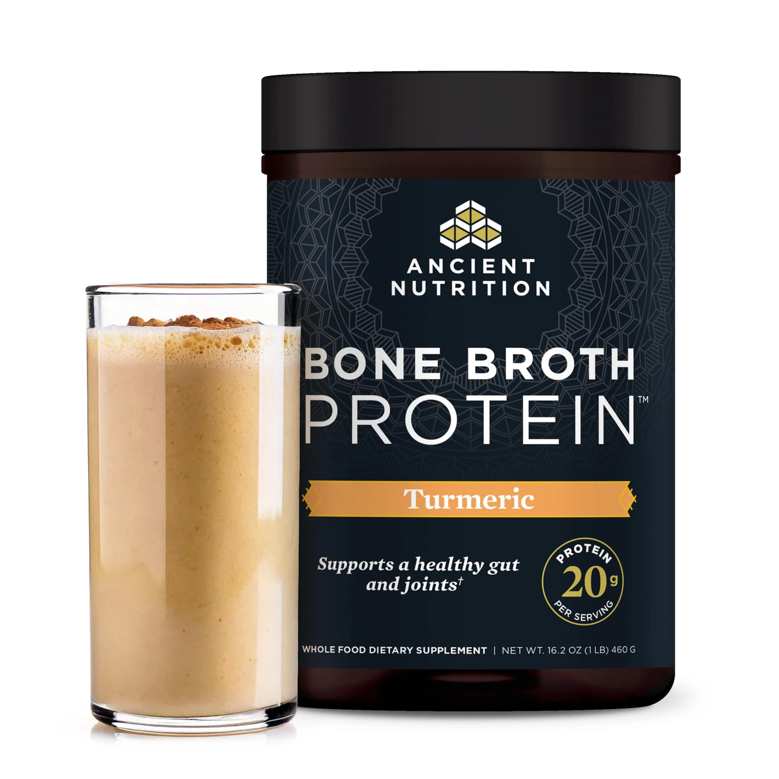 Ancient Nutrition Chocolate Bone Broth Protein Powder 17.8oz (808g) | 20g Protein Per Serving, Gluten-Free — Turmeric / 20 Servings