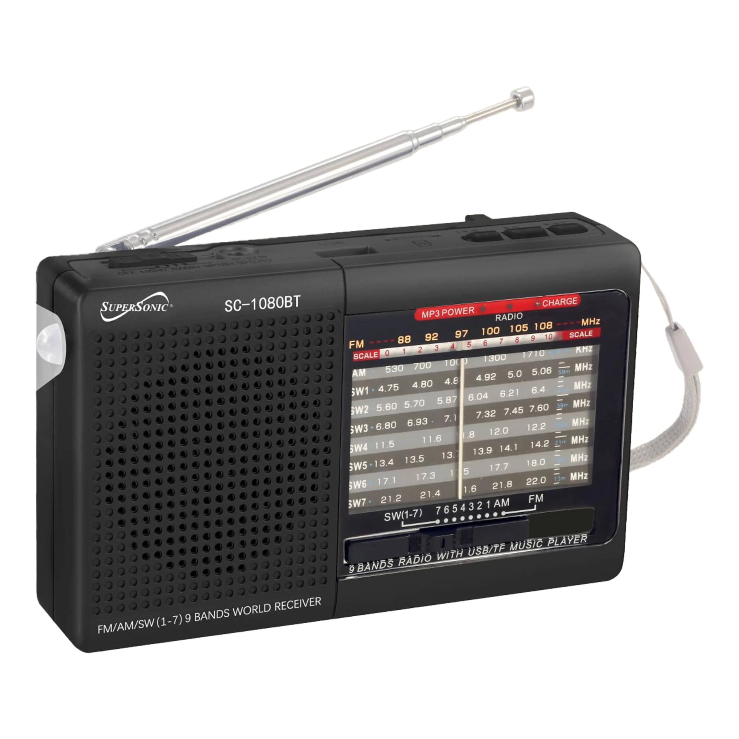 Supersonic SC-1080BT 9-Band Bluetooth Radio with USB/SD Card Input, Black | Portable AM/FM Stereo with Rechargeable Battery - main product image