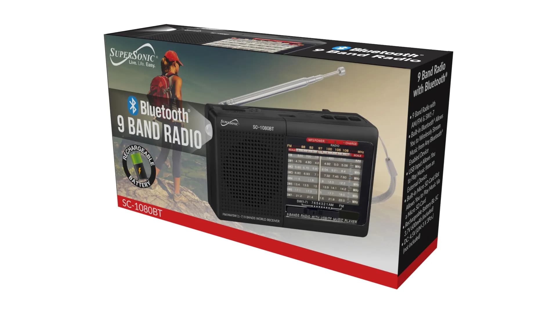 Supersonic SC-1080BT 9-Band Bluetooth Radio with USB/SD Card Input, Black | Portable AM/FM Stereo with Rechargeable Battery - view 2