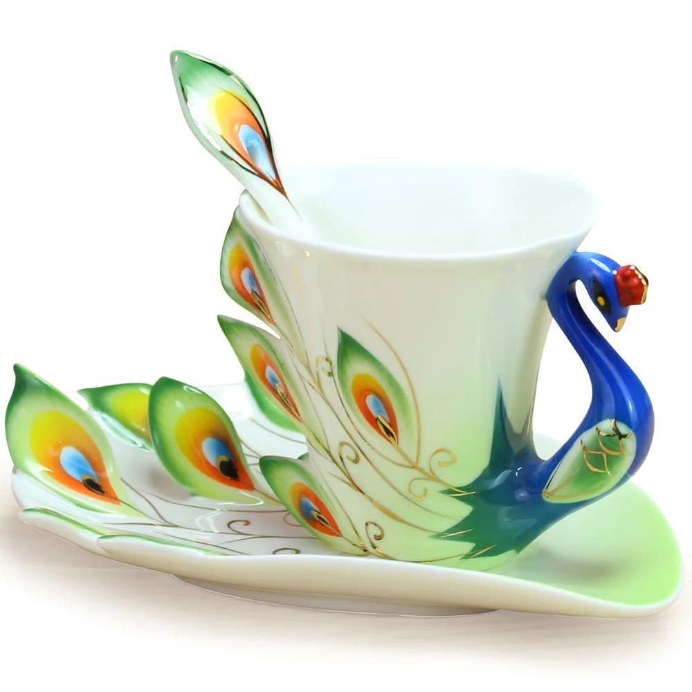 vanki Peacock Theme Porcelain Tea Cup and Saucer Set with Spoon, 200ml (6.8 Fl Oz) | Romantic Creative Present