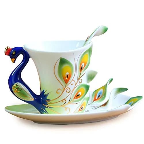 vanki Peacock Theme Porcelain Tea Cup and Saucer Set with Spoon, 200ml (6.8 Fl Oz) | Romantic Creative Present thumbnail 2