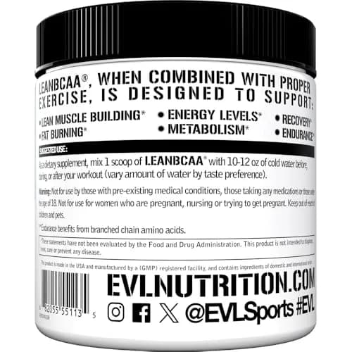 Evlution EVL LeanBCAA Powder with CLA & Carnitine, 267g (8.4 oz) | Muscle Recovery & Fat Burn Support thumbnail 3