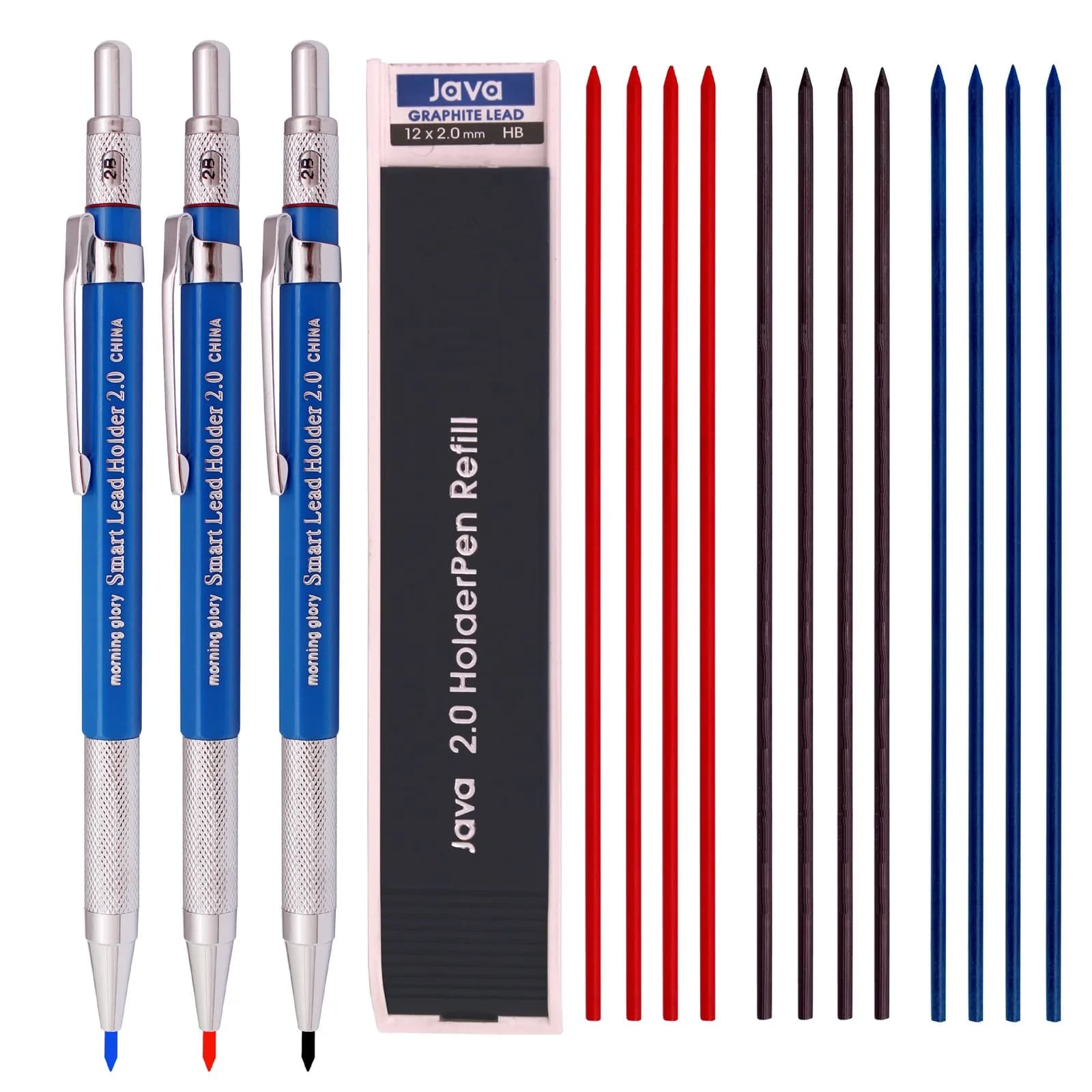 Morning Glory 2.0mm Lead Holder Pen Mechanical Pencil Set | 3 Pens + 12 Leads (Red, Blue, Black) - main product image