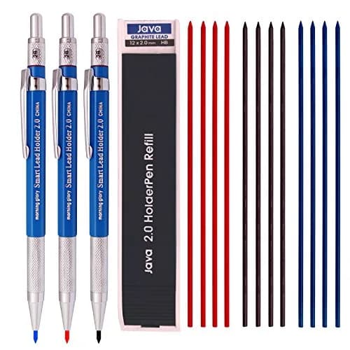 Morning Glory 2.0mm Lead Holder Pen Mechanical Pencil Set | 3 Pens + 12 Leads (Red, Blue, Black) thumbnail 1