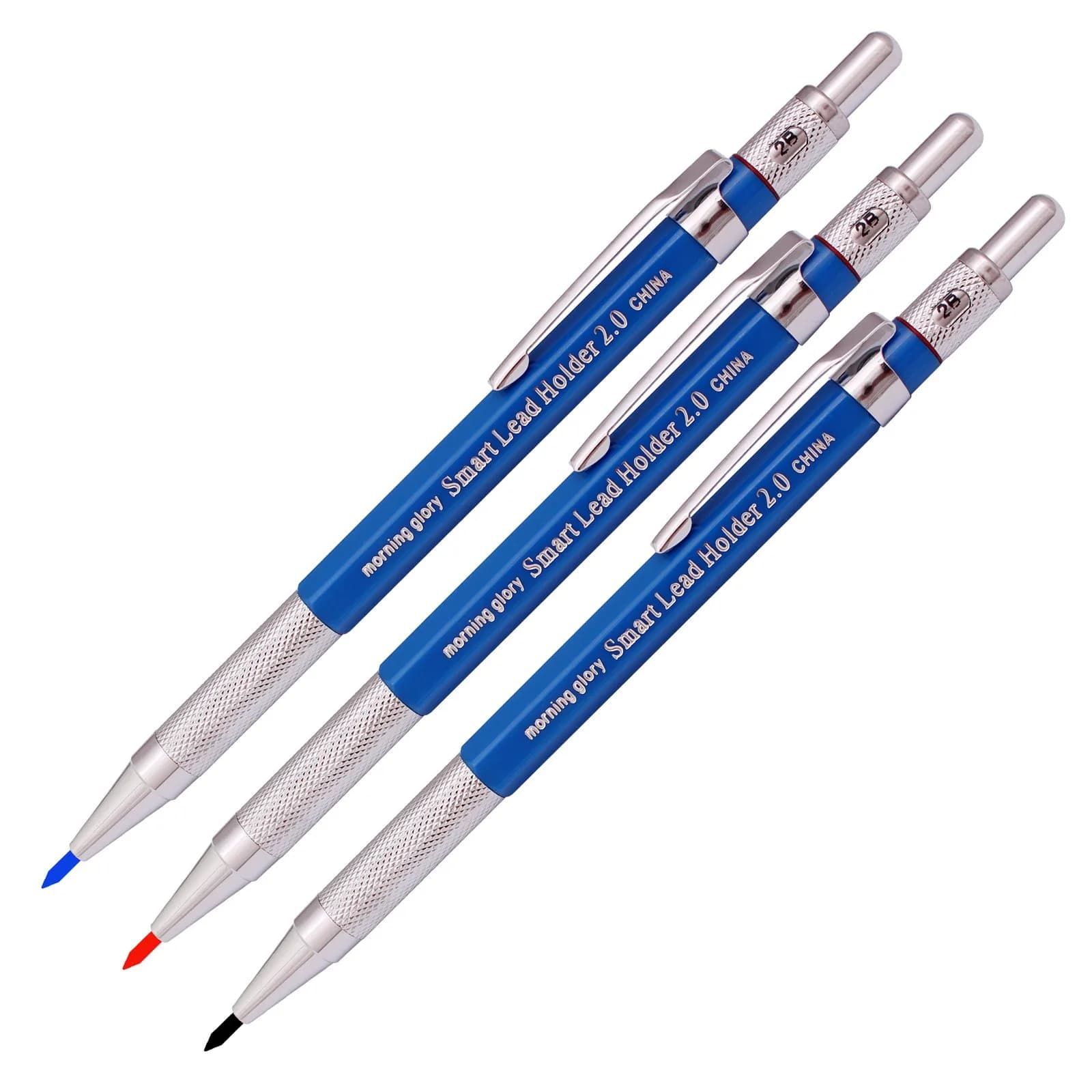 Morning Glory 2.0mm Lead Holder Pen Mechanical Pencil Set | 3 Pens + 12 Leads (Red, Blue, Black) - view 3
