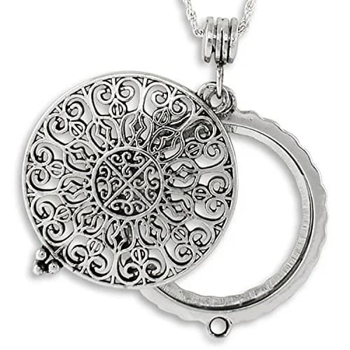 Artisan Owl Ornate Filigree 4x Magnifying Glass Pendant Necklace, 30" (Silver Tone) | Unobstructed Reading Accessory thumbnail 1