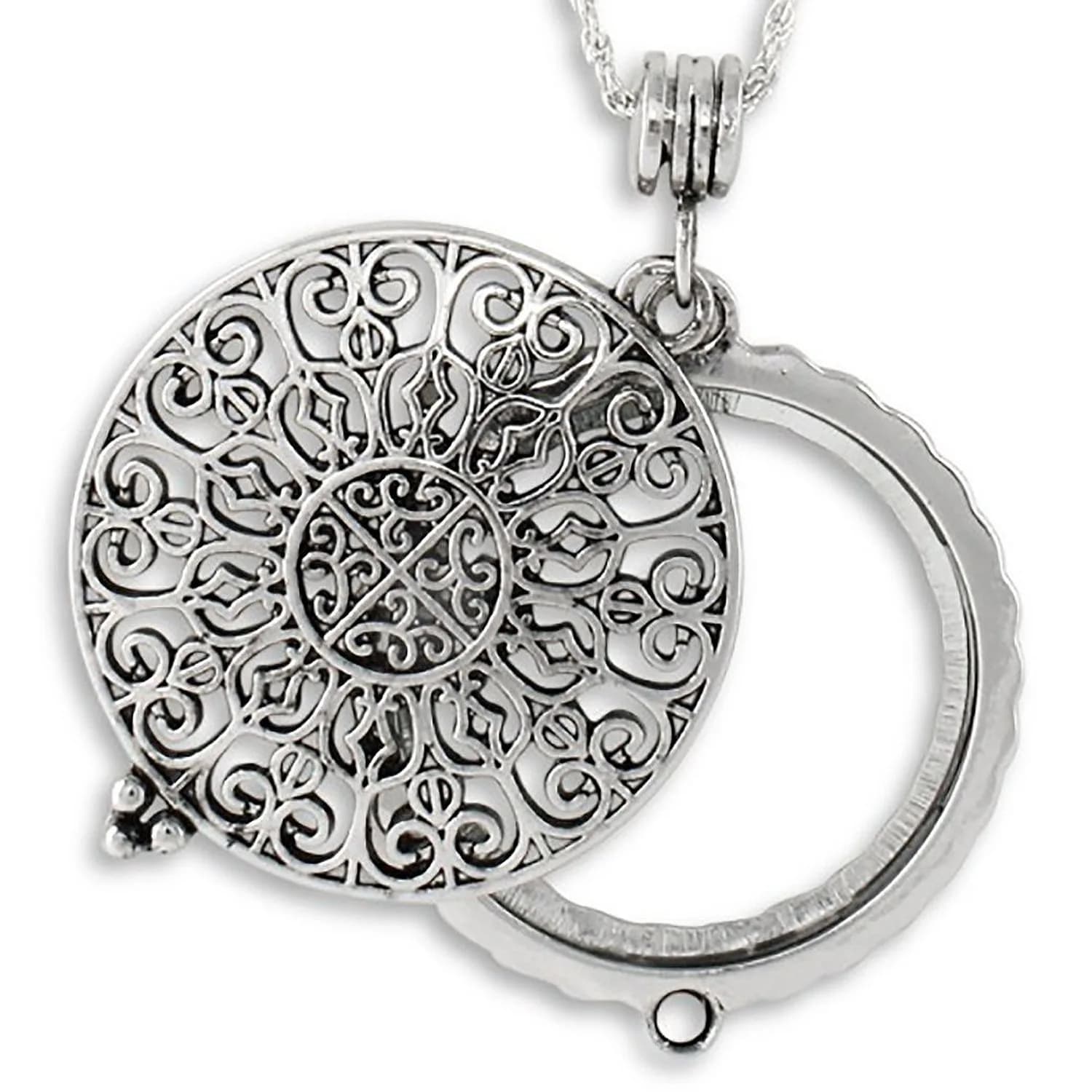 Artisan Owl Ornate Filigree 4x Magnifying Glass Pendant Necklace, 30" (Gold Tone) | Adjustable Sliding Top Design for Reading — Silver Tone