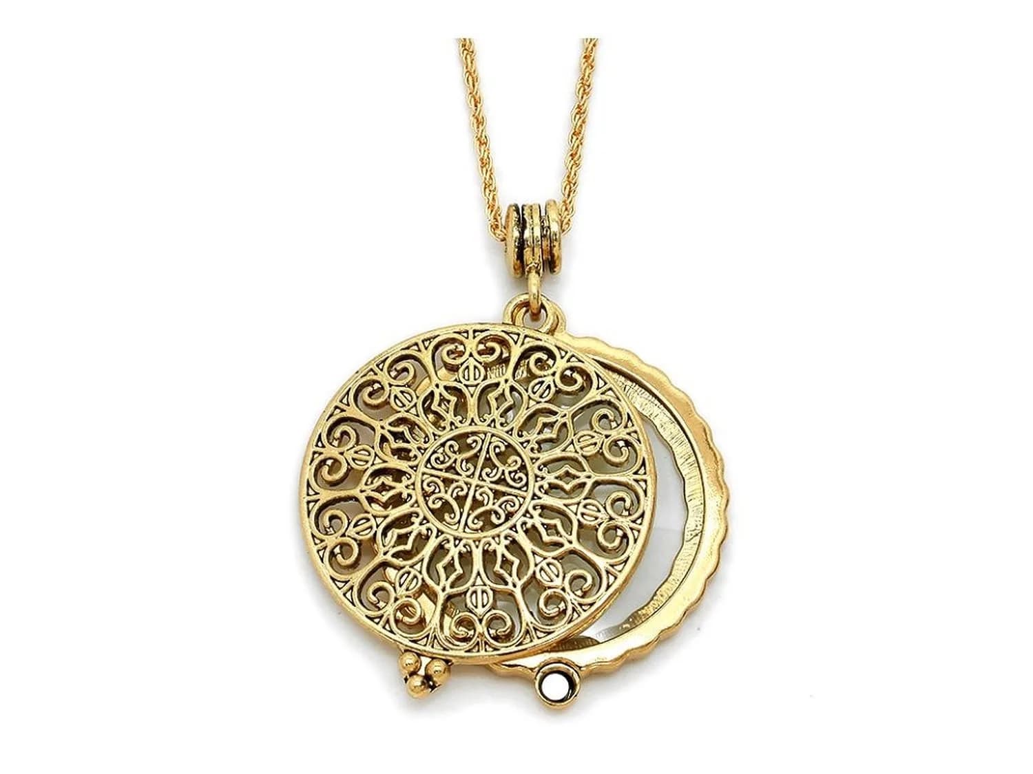 Artisan Owl Ornate Filigree 4x Magnifying Glass Pendant Necklace, 30" (Gold Tone) | Adjustable Sliding Top Design for Reading