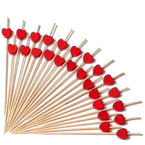 PuTwo Valentine's Cocktail Picks 4.7 Inch 100pcs Red Heart Bamboo Skewers Toothpicks for Appetizers Food Drink Fruit Sandwich BBQ Valentine's Day Galentine's Wedding Cocktail Party Charcuterie Boards | Elegant, Food-Safe, Eco-Friendly thumbnail 1