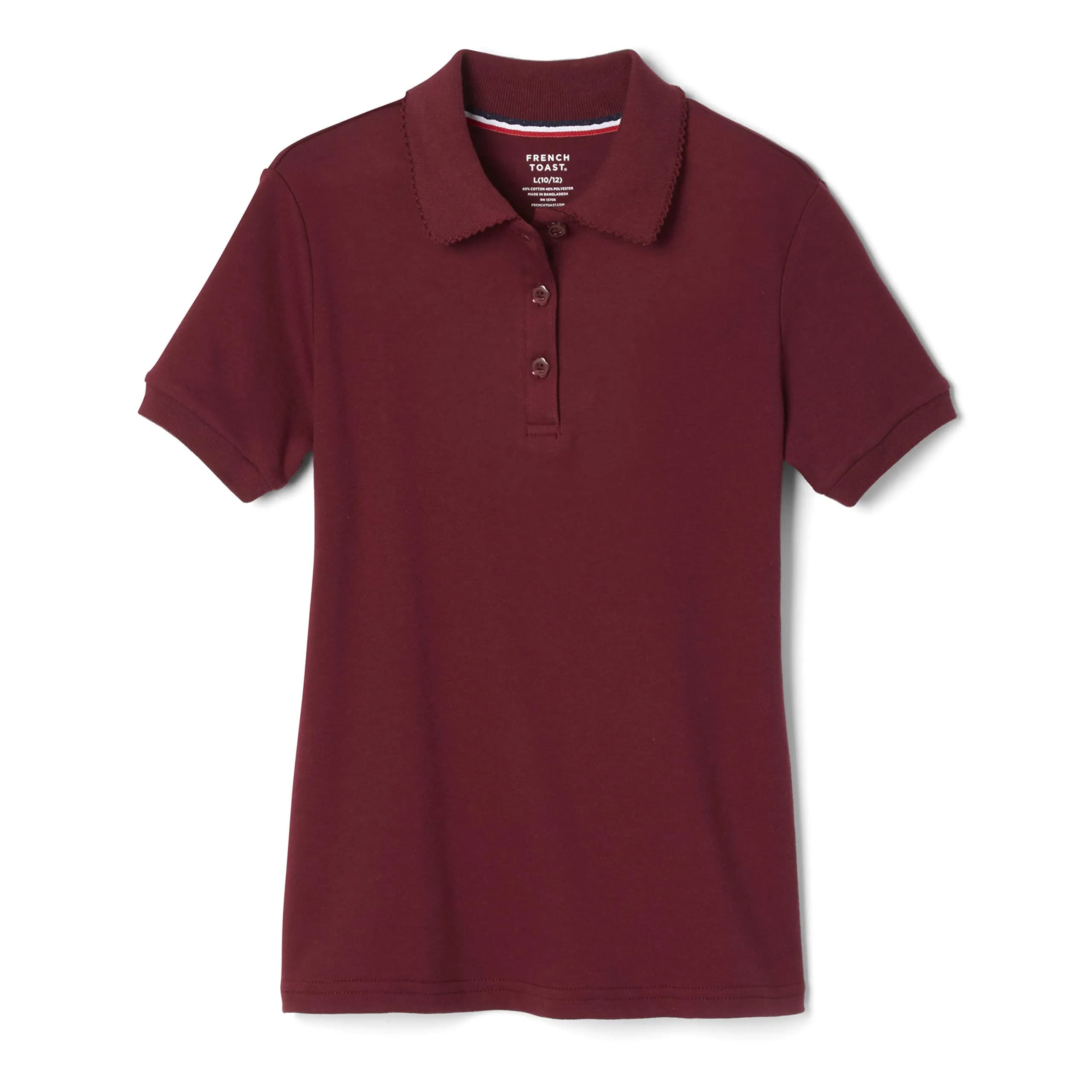 French Toast Girls' Picot Collar Polo Short Sleeve Shirt (Kids 14-16) | Soft Cotton Blend, School Style, Burgundy