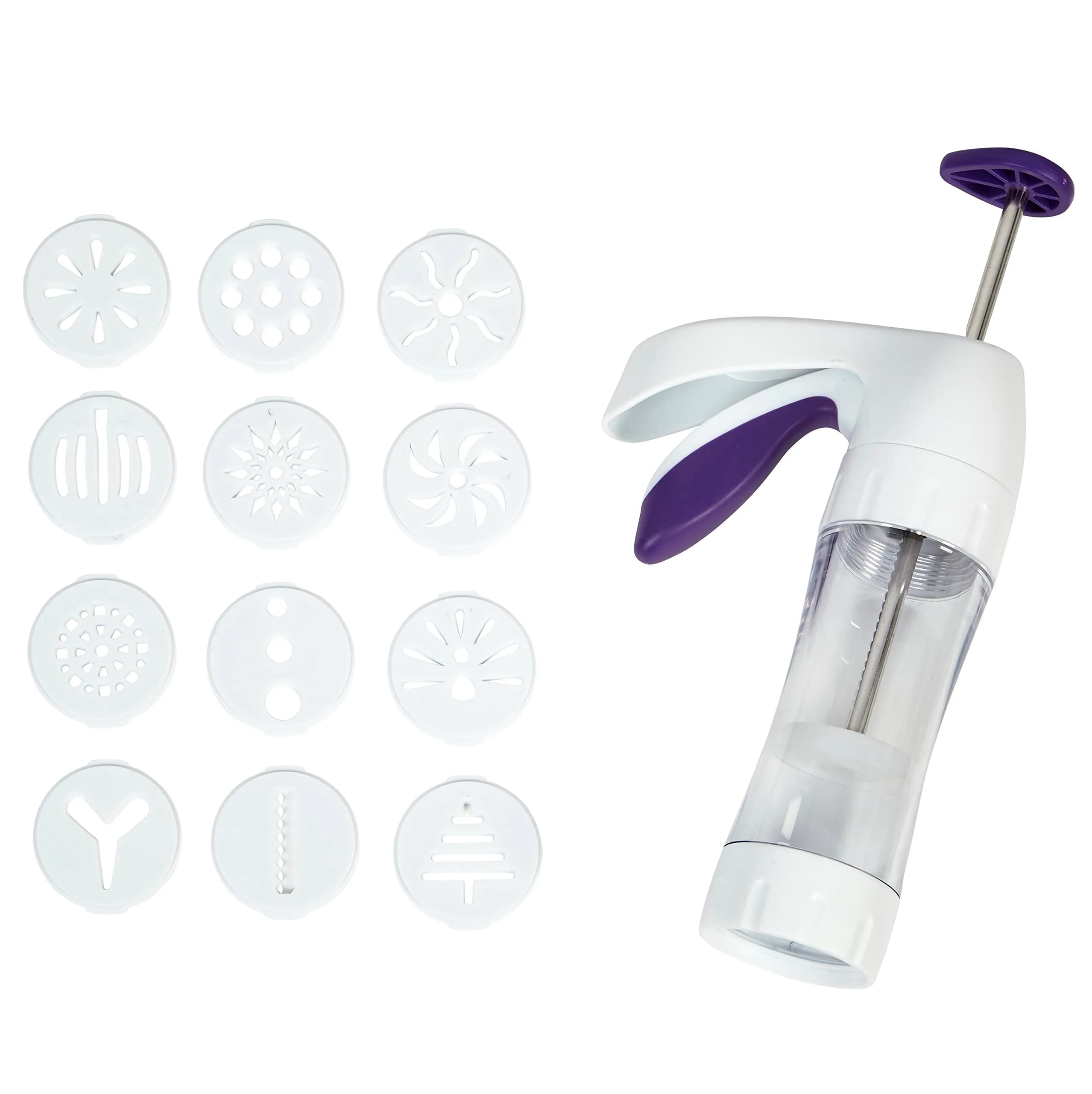 Wilton Simple Success Cookie Press with 13 Discs | Ergonomic Handle, Clear Barrel, Versatile Shapes — White, Clear