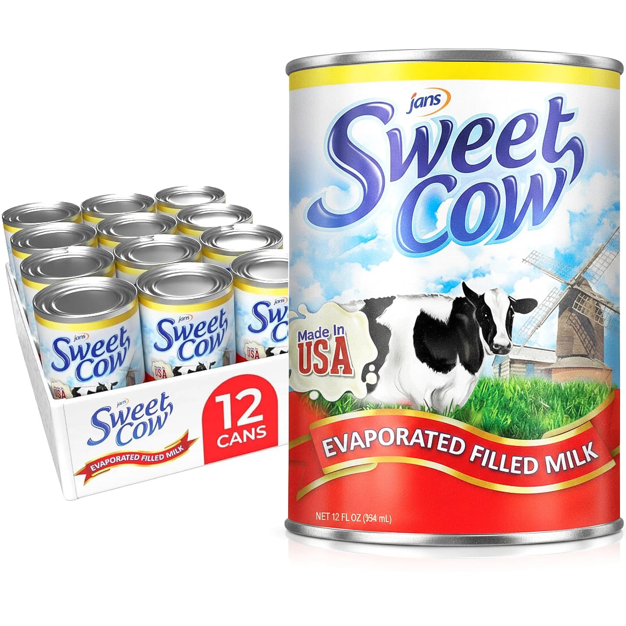 Jans Sweet Cow Evaporated Dairy Milk 164.4 ml (13.7 Fl Oz) Pack of 12 | Rich & Creamy Taste for Cooking, Baking, Coffee & Tea