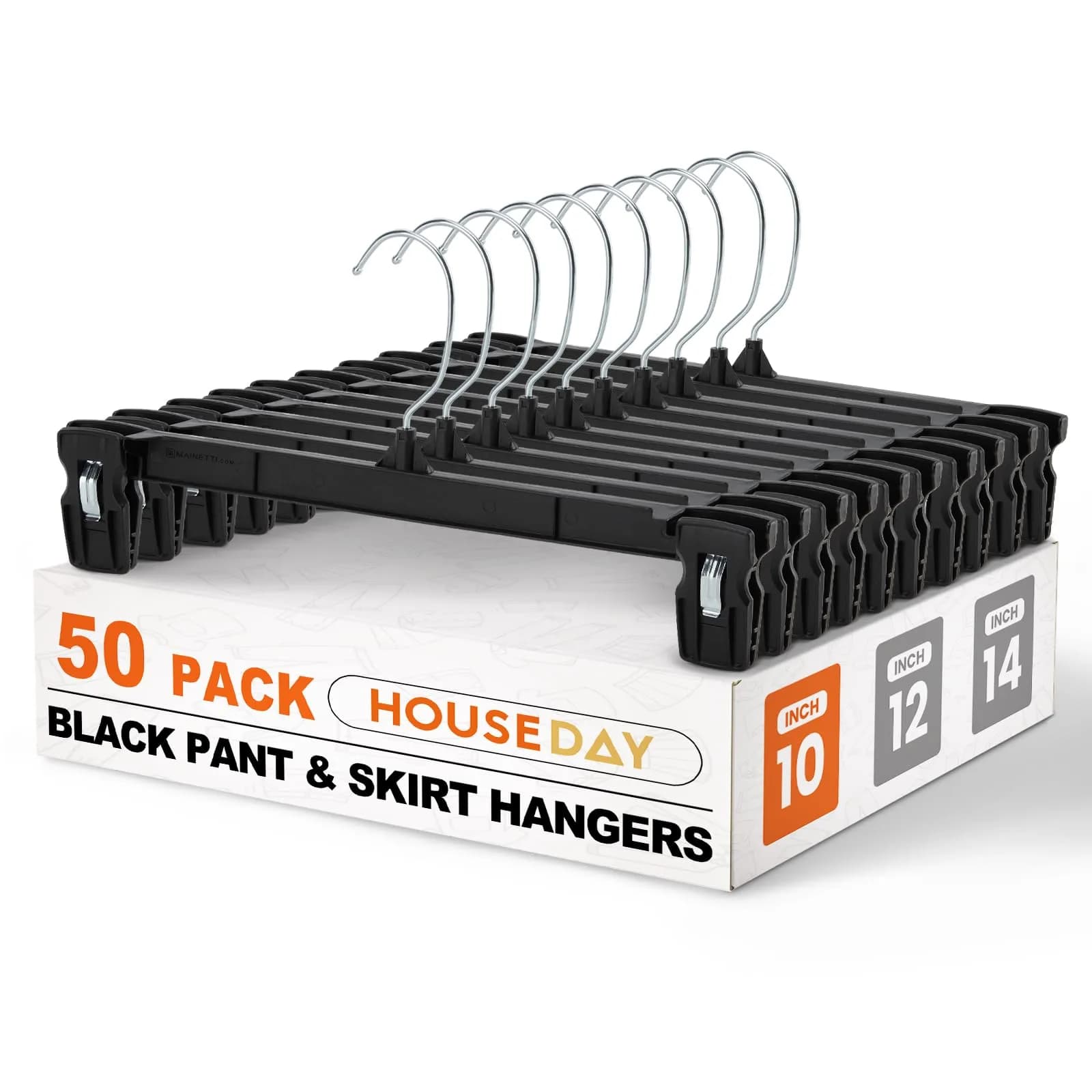 HOUSE DAY Black Pants Hangers with Clips 50 Pack, 10 Inch Skirt Hangers | Eco-Friendly Plastic, Strong Clips, 360° Swivel Hook