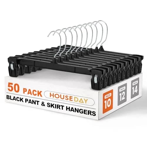 HOUSE DAY Black Pants Hangers with Clips 50 Pack, 10 Inch Skirt Hangers | Eco-Friendly Plastic, Strong Clips, 360° Swivel Hook thumbnail 1