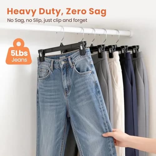 HOUSE DAY Black Pants Hangers with Clips 50 Pack, 10 Inch Skirt Hangers | Eco-Friendly Plastic, Strong Clips, 360° Swivel Hook thumbnail 6