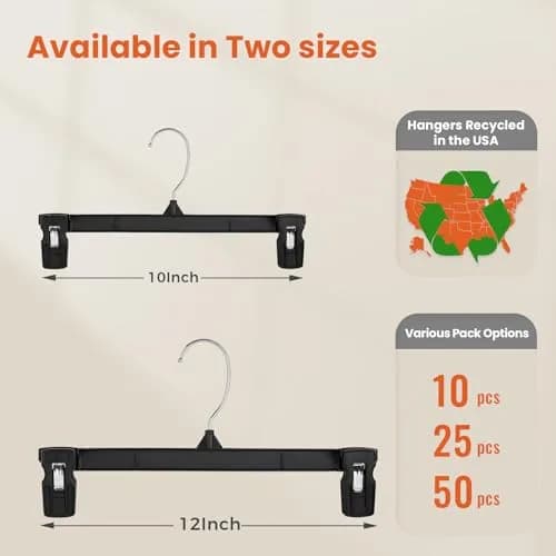 HOUSE DAY Black Pants Hangers with Clips 50 Pack, 10 Inch Skirt Hangers | Eco-Friendly Plastic, Strong Clips, 360° Swivel Hook thumbnail 2