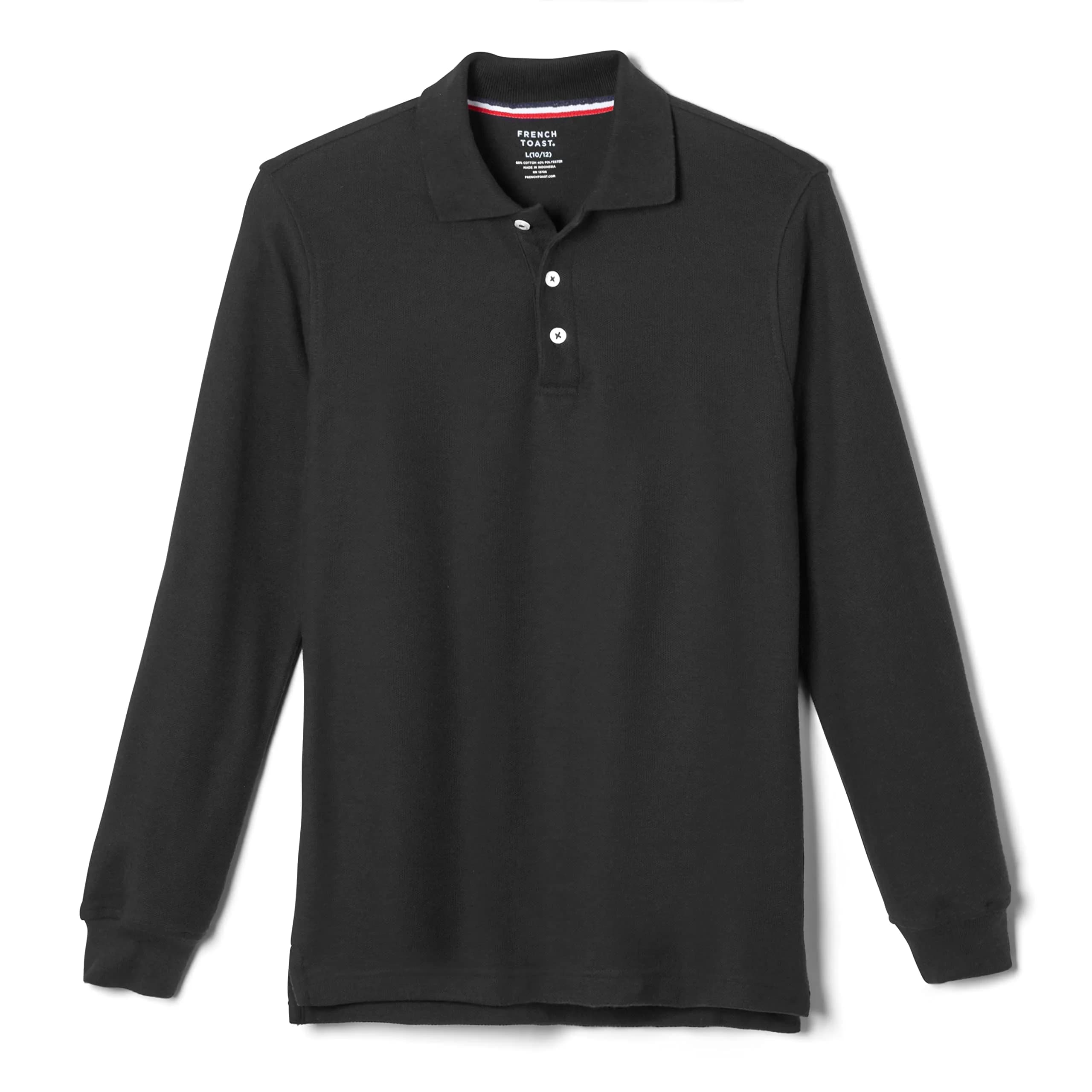 French Toast Boys' Pique Polo School Uniform Shirt with Long Sleeves, Black, XL (14/16) | Breathable Cotton-Poly Blend for School