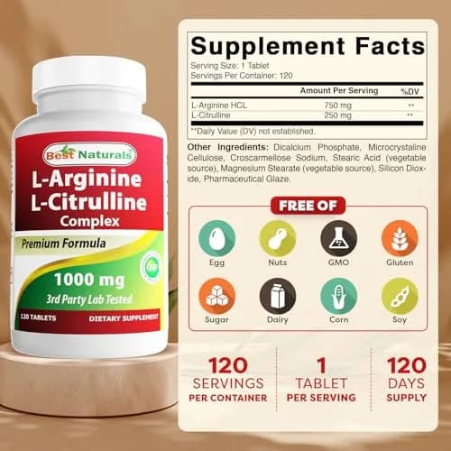 Best Naturals Arginine Citrulline Complex 1000 Mg 120 Tablets | Amino Acid Supplement for Muscle Metabolism thumbnail 2
