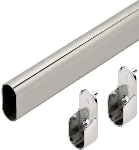 Closet Rods Oval Wardrobe Tube Polished Chrome Closet Rod W/End Supports, Welded Steel, 1.0mm Thick Chrome-Plated, 18"