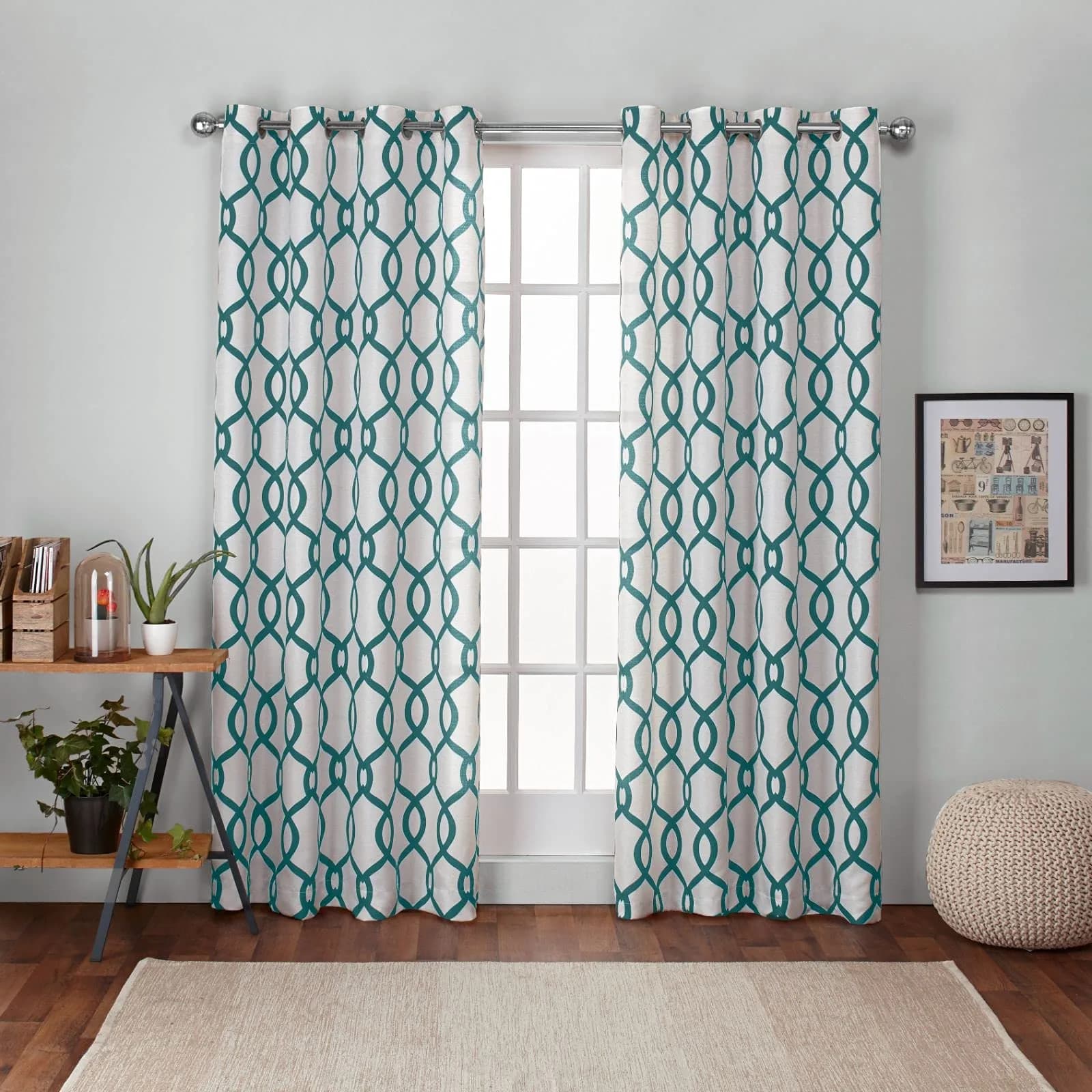 Exclusive Home Kochi Light Filtering Linen Blend Grommet Top Curtain Panel Pair, 54"x96", Teal | Geometric,Contemporary Design