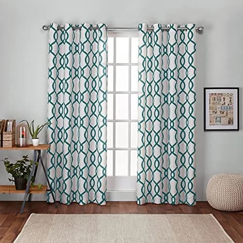 Exclusive Home Kochi Light Filtering Linen Blend Grommet Top Curtain Panel Pair, 54"x96", Teal | Geometric,Contemporary Design thumbnail 1
