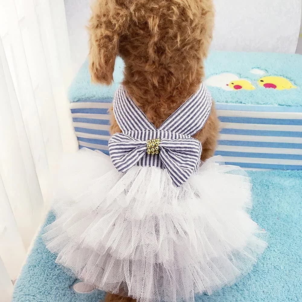 TAPBULL Striped Mesh Dog Princess Dress Blue Medium | Fashion Pet Clothes for Small Dogs — Blue