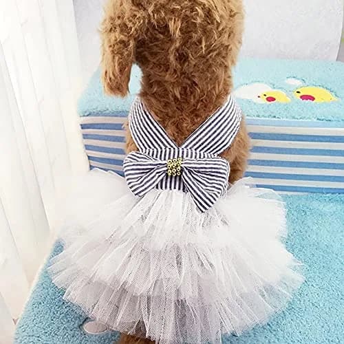 TAPBULL Striped Mesh Dog Princess Dress Blue Medium | Fashion Pet Clothes for Small Dogs thumbnail 1