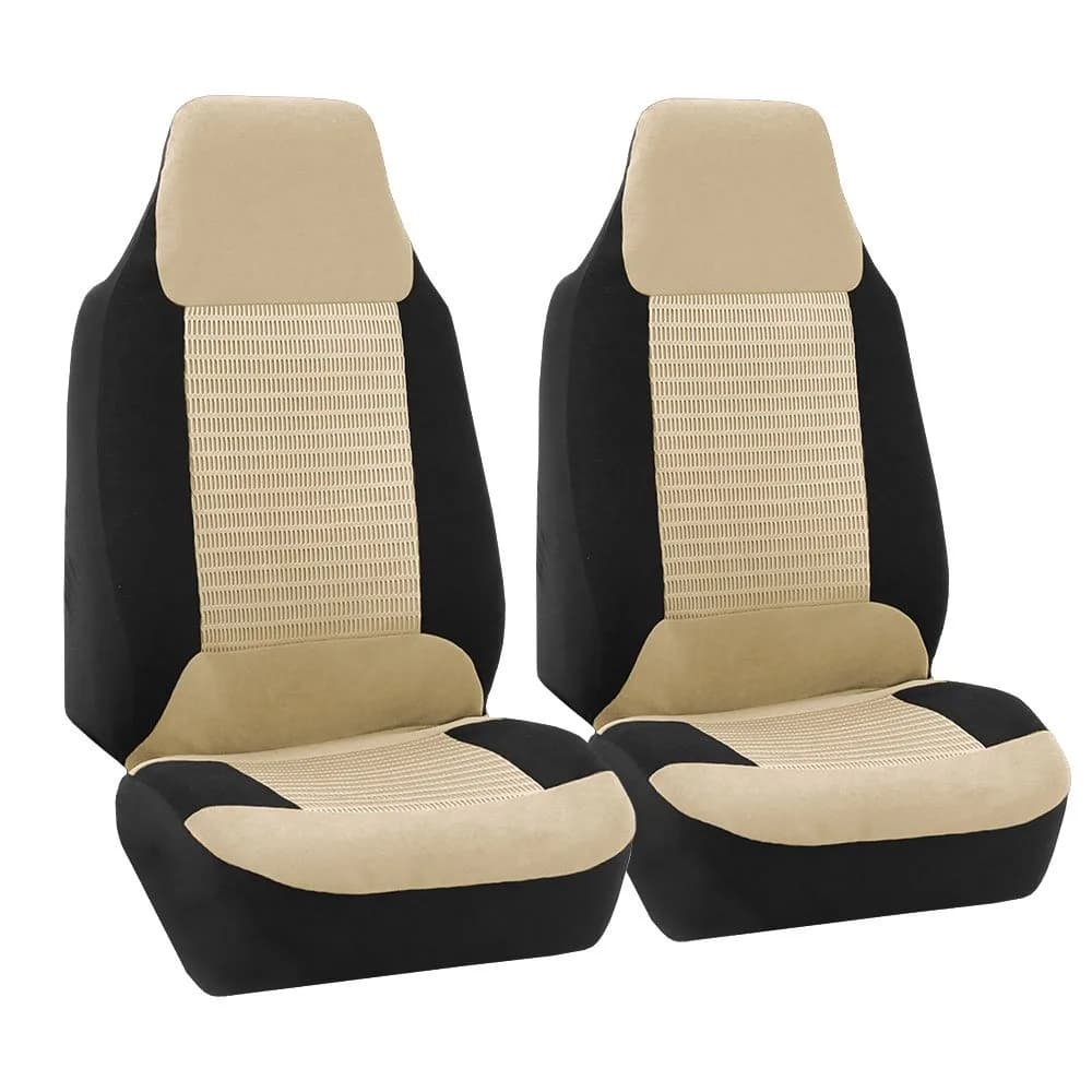 FH Group Front Set Cloth Car Seat Cover for Bucket Seats | Universal Fit & Airbag Compatible (70-120 chars) — Beige-Half