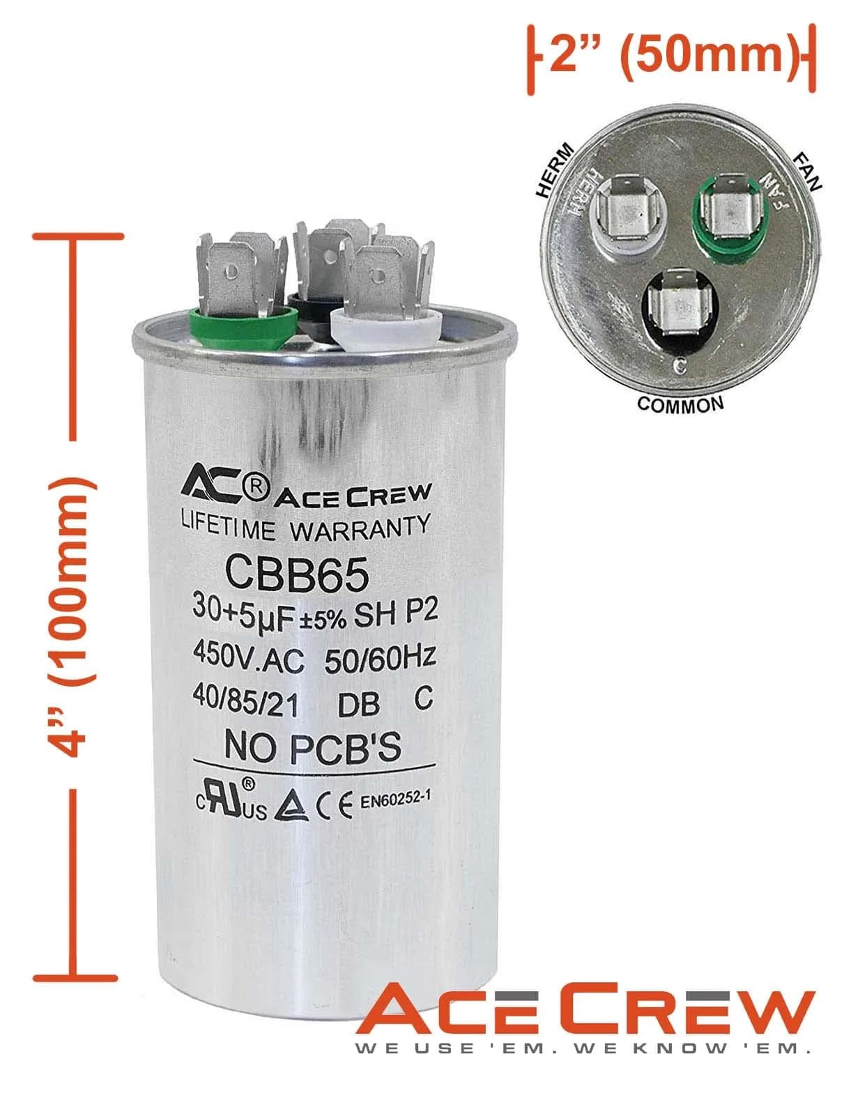 Ace Crew Dual Run Capacitor 30+5uF 370V/440V Round | HVAC Air Conditioner, Heat Pump, Fan Motor Start