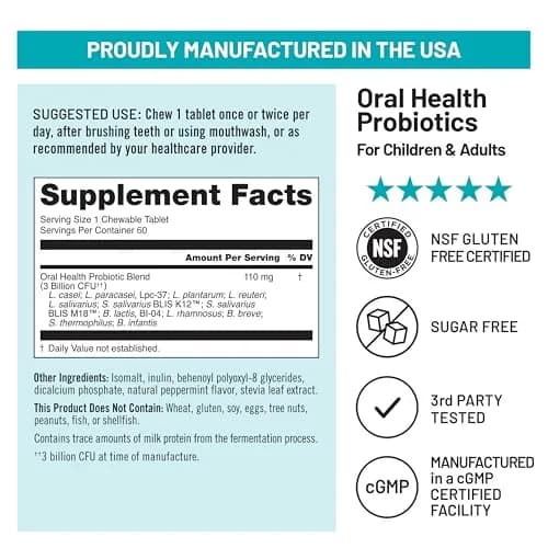 NatureWise Oral Probiotics for Mouth Bad Breath 60 Chewable Mint Tablets | Sugar-Free, Non-GMO, USA Manufactured thumbnail 6