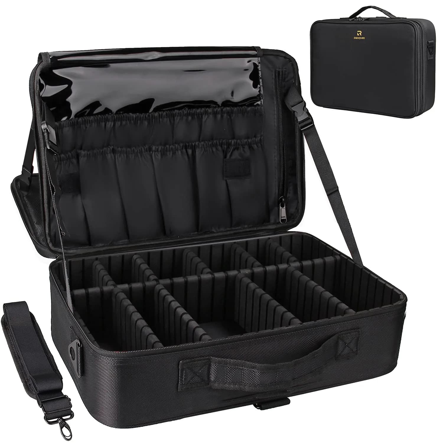 Relavel Makeup Case Large Makeup Bag Professional Train Case 16.5 inches | Waterproof, 3 Layer Capacity with Adjustable Strap