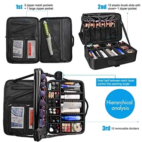 Relavel Makeup Case Large Makeup Bag Professional Train Case 16.5 inches | Waterproof, 3 Layer Capacity with Adjustable Strap thumbnail 4