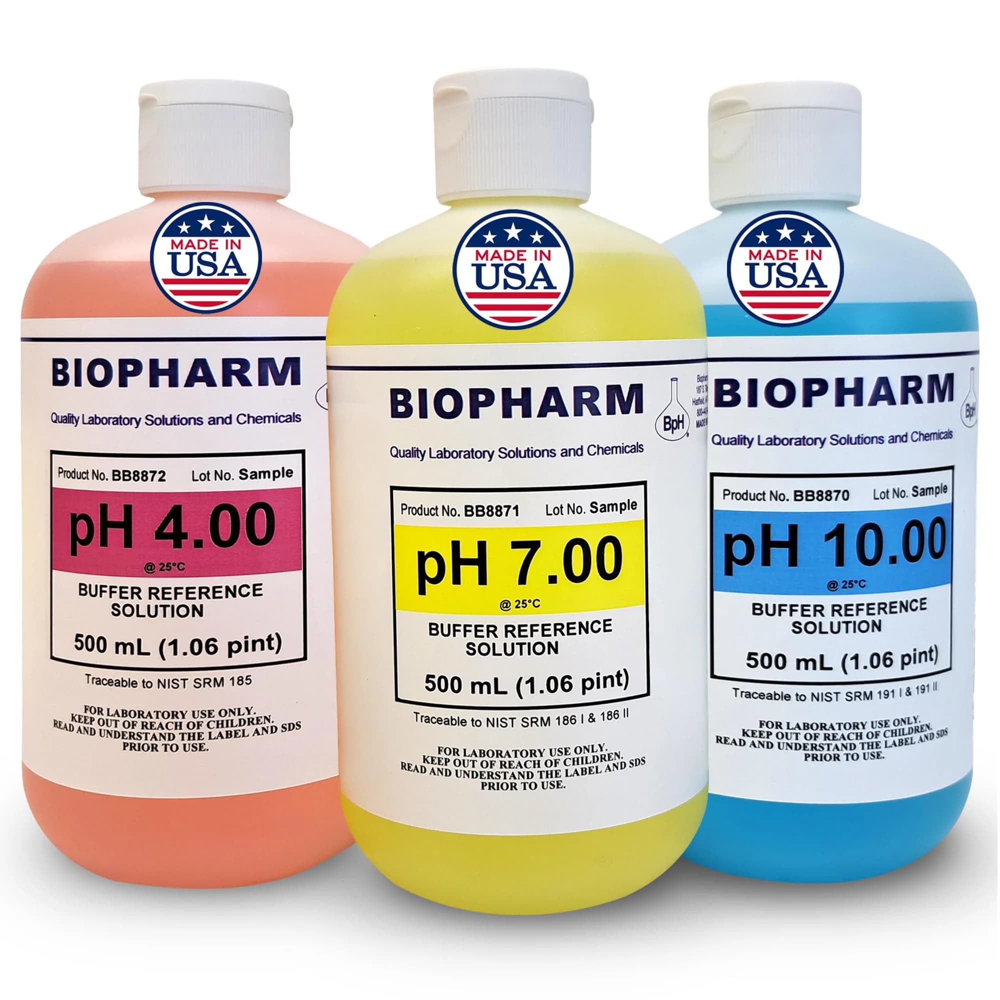 Biopharm pH Calibration Buffer 3-Pack | NIST Traceable Solutions for Accurate pH Meter Calibration — Pints (500 mL)
