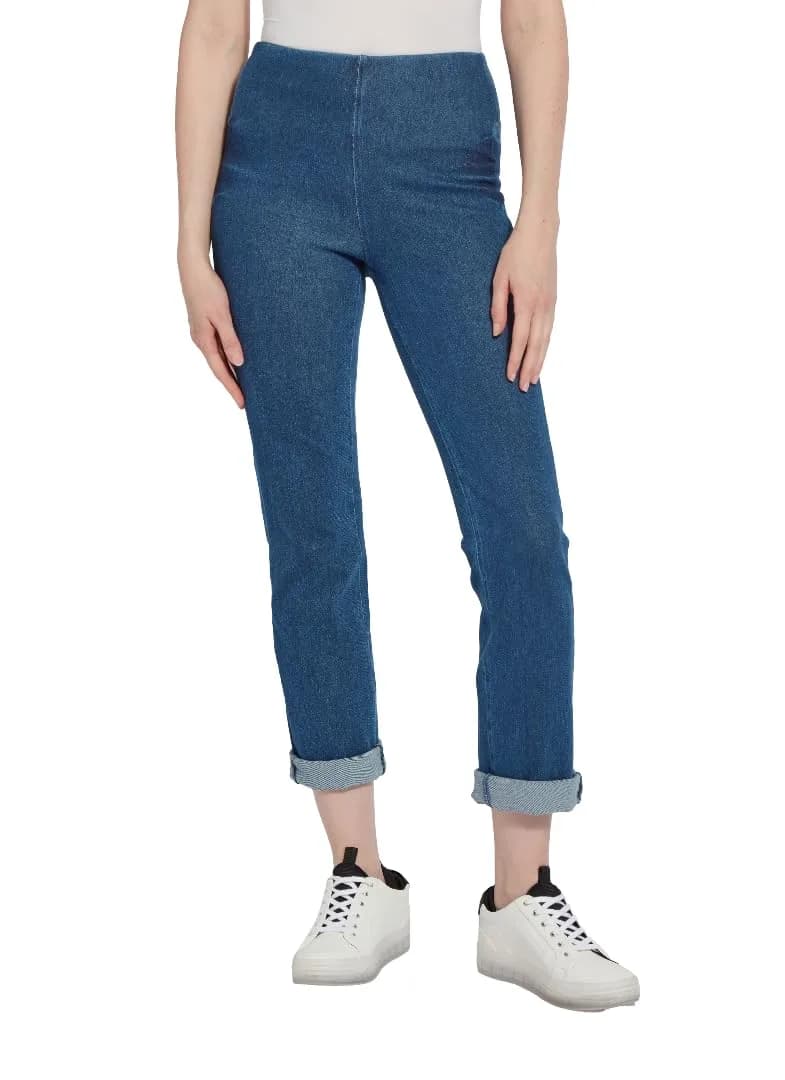 Lyssé Womens Boyfriend Denim Legging Pants | Mid Wash, Small US | Relaxed Fit & High Stretch