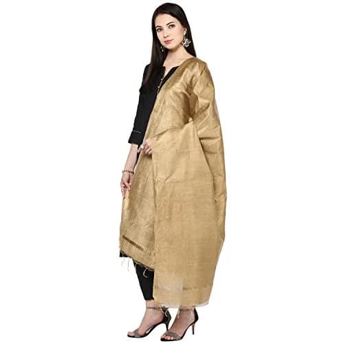 DUPATTA BAZAAR Gold Cotton Silk Dupatta 240 cm (2.62 yd) | Traditional Elegance with Fringed Border thumbnail 1