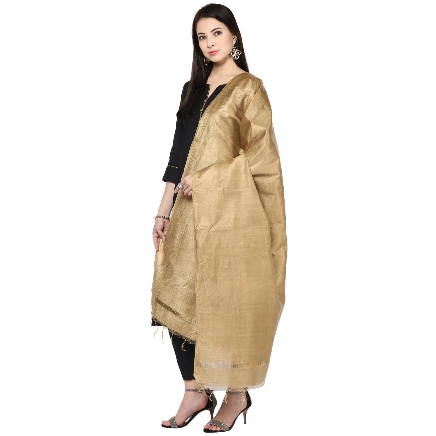 DUPATTA BAZAAR Gold Cotton Silk Dupatta 240 cm (2.62 yd) | Traditional Elegance with Fringed Border — Gold
