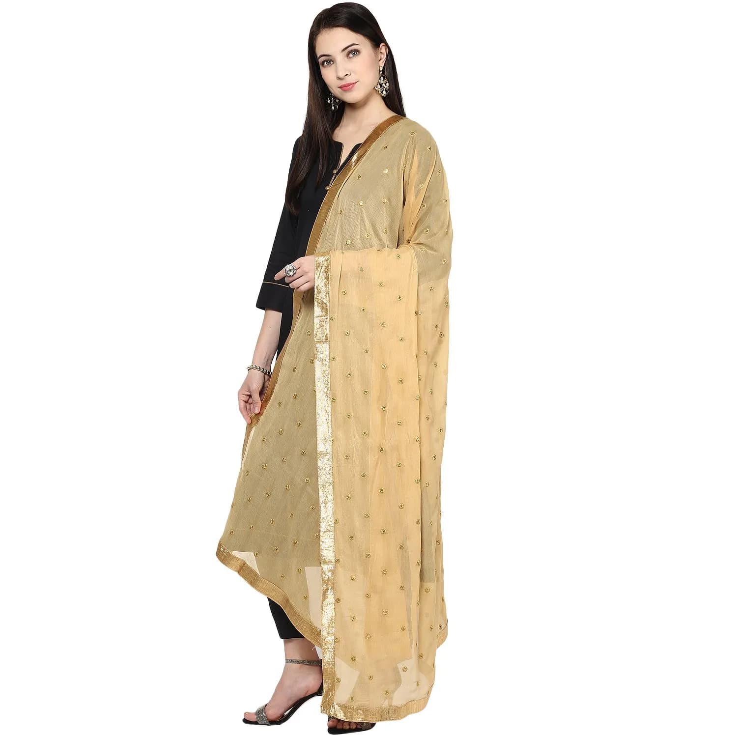 DUPATTA BAZAAR Embroidered Beige Chiffon Dupatta 235 x 92 cm (92"L x 36"W) | Soft Flowy Ethnic Wrap — Beige