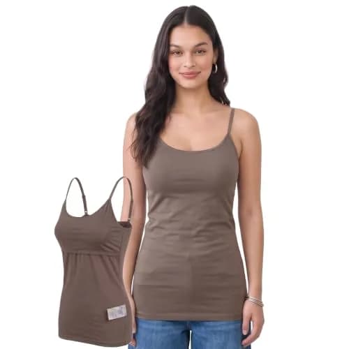 Emmalise Women Camisole Built-in Fabric Bra Wireless Support Long Torso Cami, Mocha Medium | All-Day Comfort & Support thumbnail 1