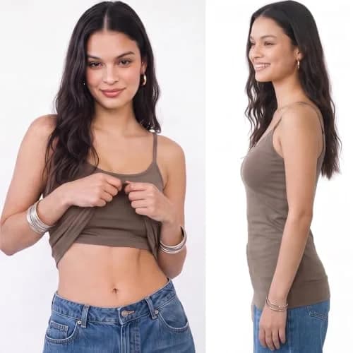 Emmalise Women Camisole Built-in Fabric Bra Wireless Support Long Torso Cami, Mocha Medium | All-Day Comfort & Support thumbnail 2