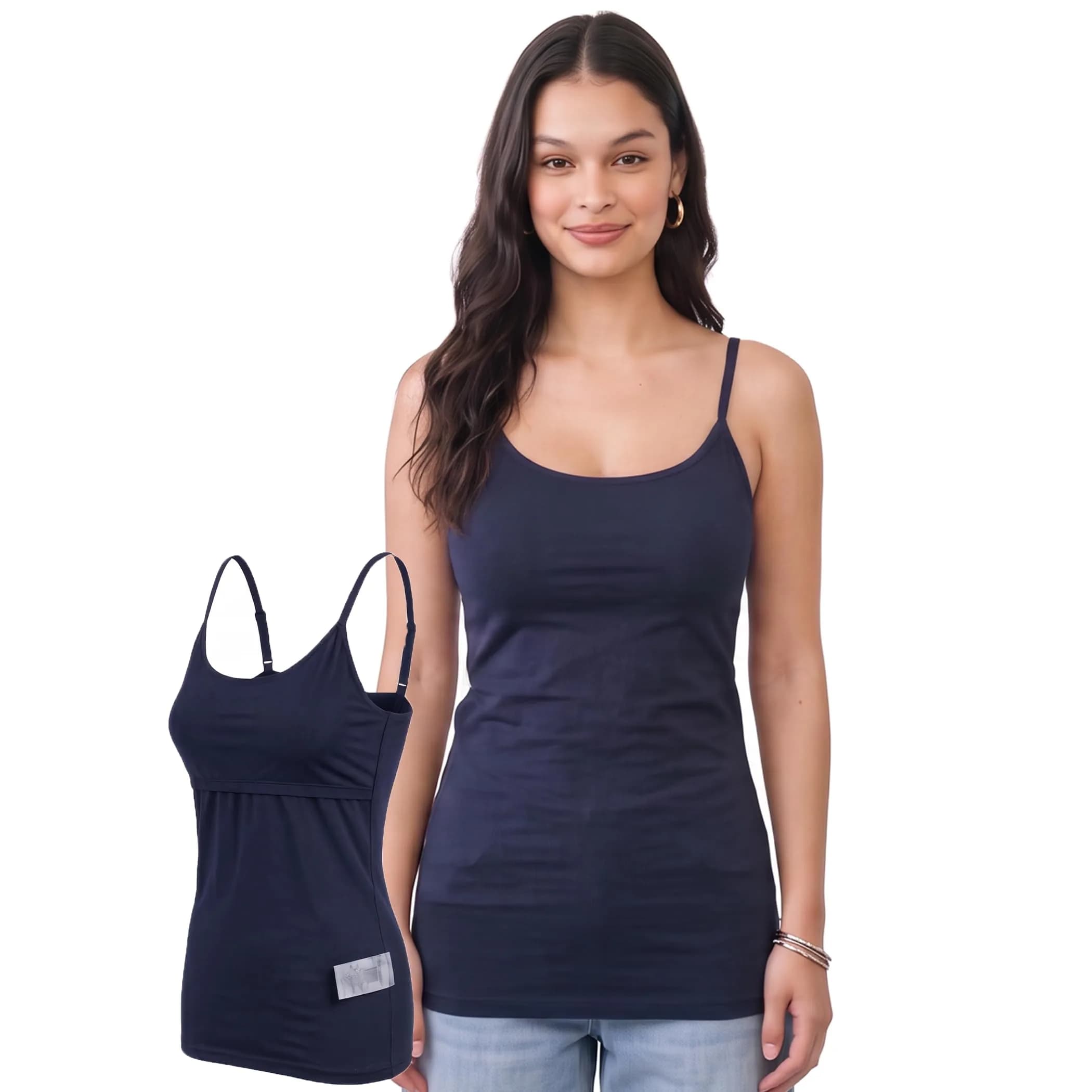 Emmalise Women Camisole Built-in Fabric Bra Wireless Support Long Torso Cami, Mocha Medium | All-Day Comfort & Support — Navy / Large
