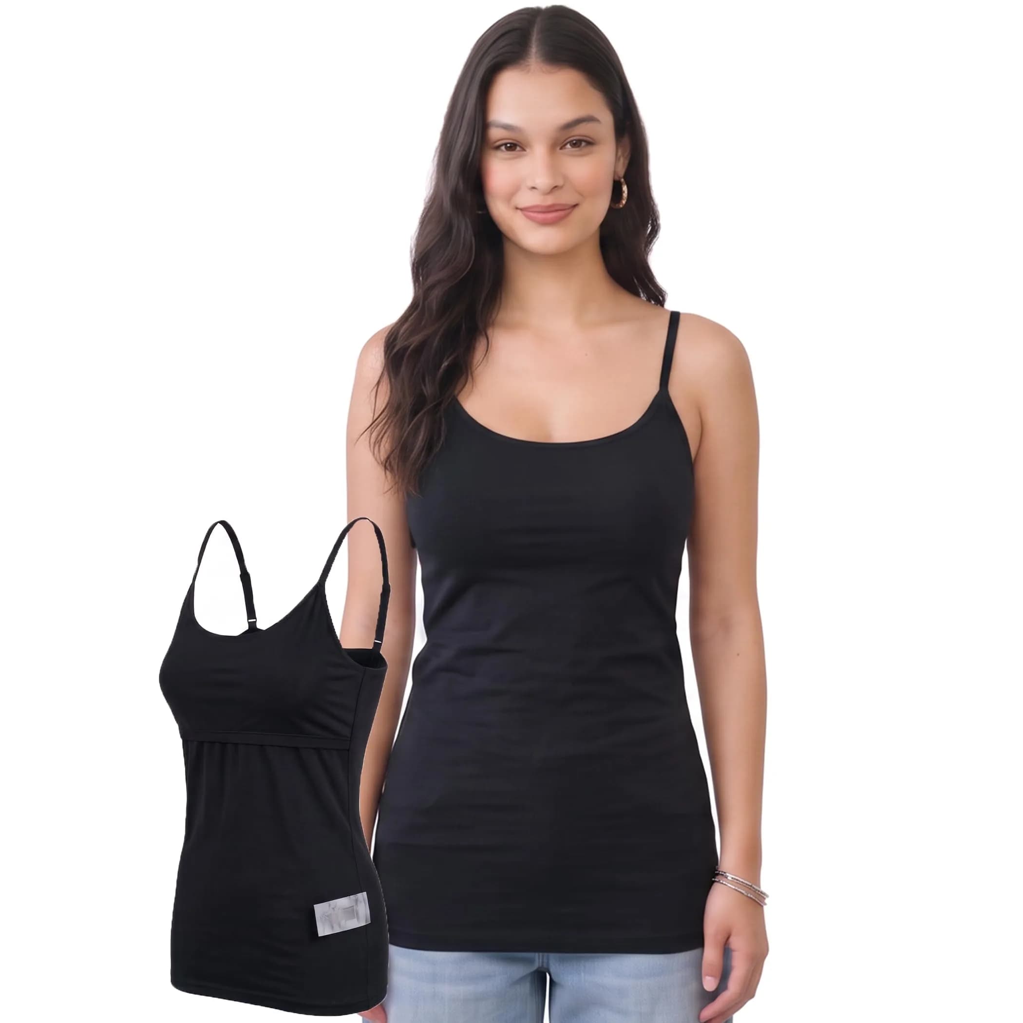 Emmalise Women Camisole Built-in Fabric Bra Wireless Support Long Torso Cami, Mocha Medium | All-Day Comfort & Support — Black / Large